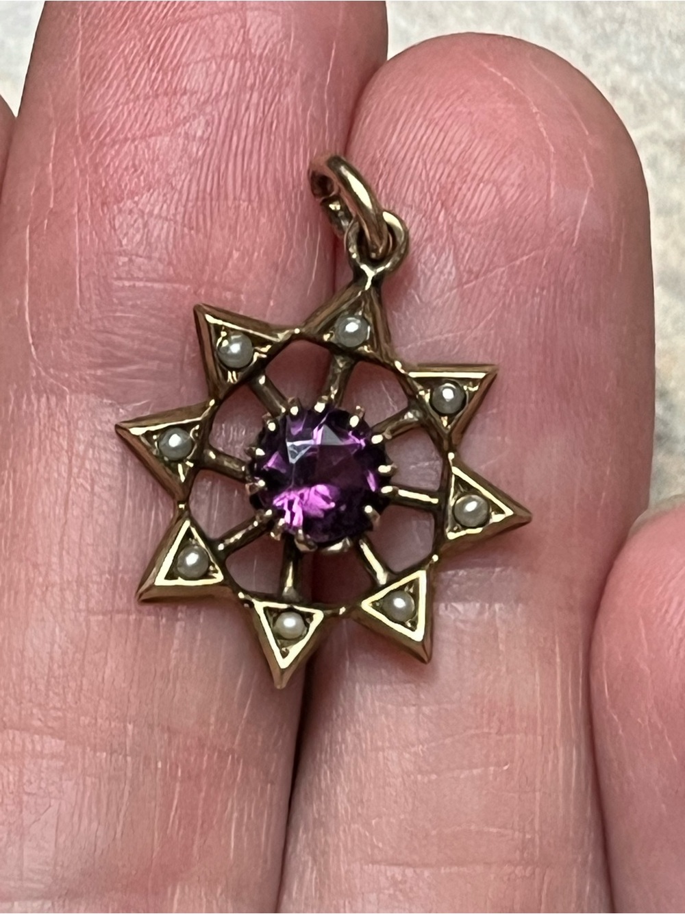 Victorian Antique GoldShell or Gold-Fill SeedPearl And Purple Stone Star Pendant